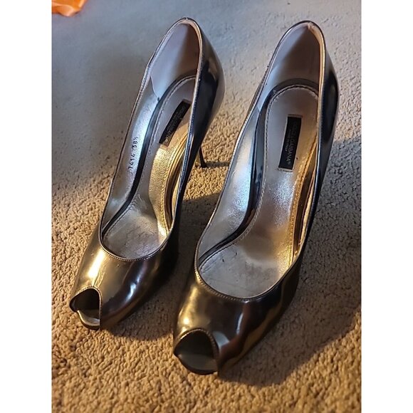 Dolce & Gabbana Italy Pewter Metallic Leather Heel Open Toe Pump, 38.5 - Picture 2 of 15